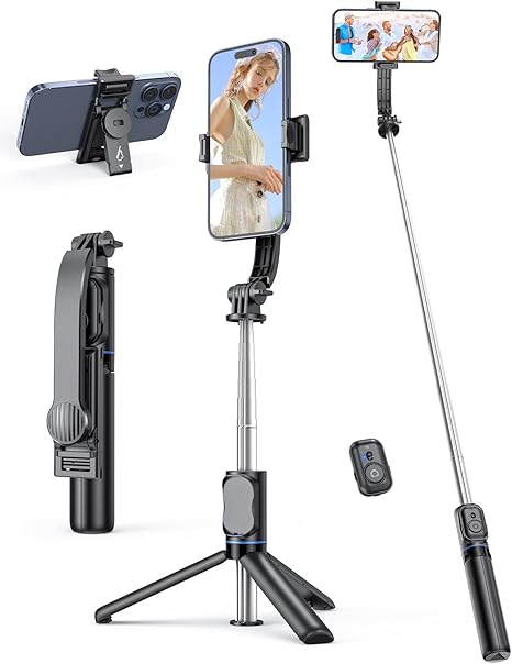 Selfie Stick Tripod with Detachable Phone Holder, 41.7" Extendable Phone Tripod with Remote, 360° Rotatable Tripod Stand for iPhone, Samsung, and Android Smartphones (Black)