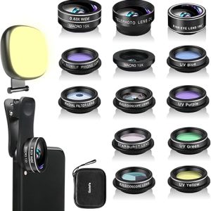 Godefa Phone Camera Lens Kit, 14 in 1 Lenses with Selfie Light for iPhone 14 13 12 11 Xs X Pro Samsung and Other Andriod Smartphone, Universal Clip on Wide Angle+Macro+ Fisheye Camera Lenses