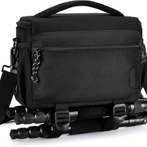 BAGSMART Small Camera Bag for Photographers, Compact Camera Shoulder Bags for DSLR/SLR/Mirrorless Cameras, Waterproof Crossbody Camera Case with Tripod Holder, Black