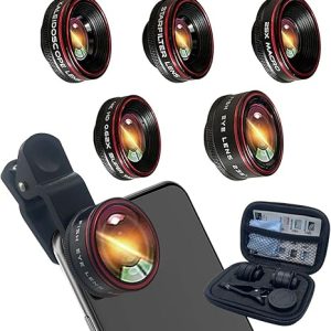 Phone Camera Lens,Clip on Cell Phone Lens kit 5 in 1, 235° Fisheye Lens + 25X Macro Lens + 0.62X Super Wide Angle Lens,Starlight+Kaleidoscope,for Most iPhone Android Phones and Smartphones Black
