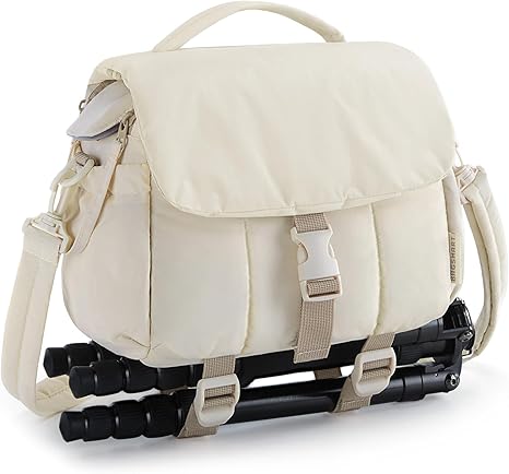 BAGSMART Small Camera Bag, DSLR Camera Case for Camera Lens & Accessories, Ultra-Light Compact Crossbody Camcorder Bags with Rain Cover/Tripod Holder, Irovy White