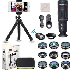 15 in 1 Universal Phone Camera Lens Kit 18X Telephoto lens Wide Angle lens,Macro Lens, Fisheye lens,Kaleidoscope 3/6 lens, CPL/Flow/Star/Radial Filter, Tripod, Remote Shutter for most of Smartphone