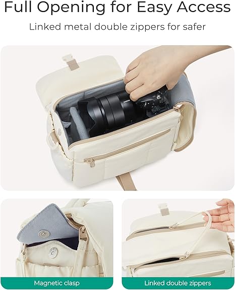 BAGSMART Small Camera Bag, DSLR Camera Case for Camera Lens & Accessories, Ultra-Light Compact Crossbody Camcorder Bags with Rain Cover/Tripod Holder, Irovy White - Image 4