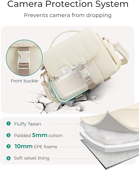 BAGSMART Small Camera Bag, DSLR Camera Case for Camera Lens & Accessories, Ultra-Light Compact Crossbody Camcorder Bags with Rain Cover/Tripod Holder, Irovy White - Image 3
