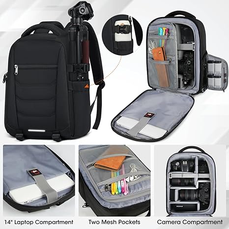 Camera Bag Professional Camera Backpack for DSLR SLR Mirrorless Camera Waterproof Camera Laptop Backpack 14 Inch with Rain Cover Anti Theft Travel Camera Case Large Capacity Photography Backpack Black - Image 2